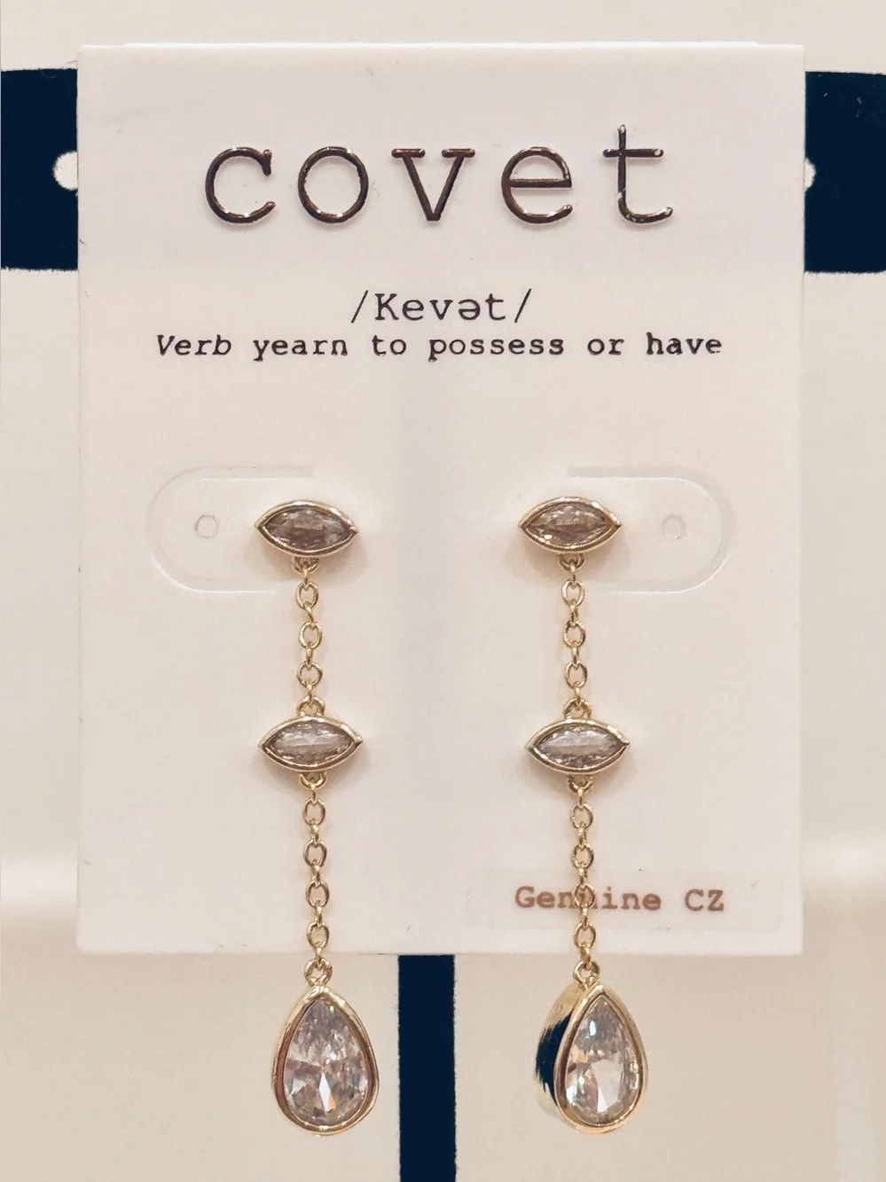 Covet Genuine CZ Linear Gold Drop Earrings NWT